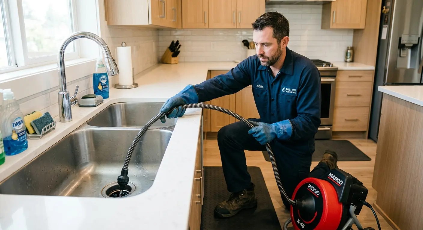 Drain cleaning technician using a motorized snake on a kitchen sink in Evans