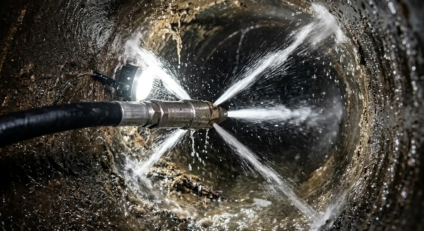 High-pressure hydro jetting nozzle cleaning sewer pipe for Sewer Cleanout in Evans
