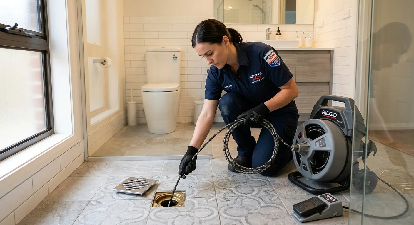 Technician clearing a bathroom floor drain for Hydro Jetting in Evans